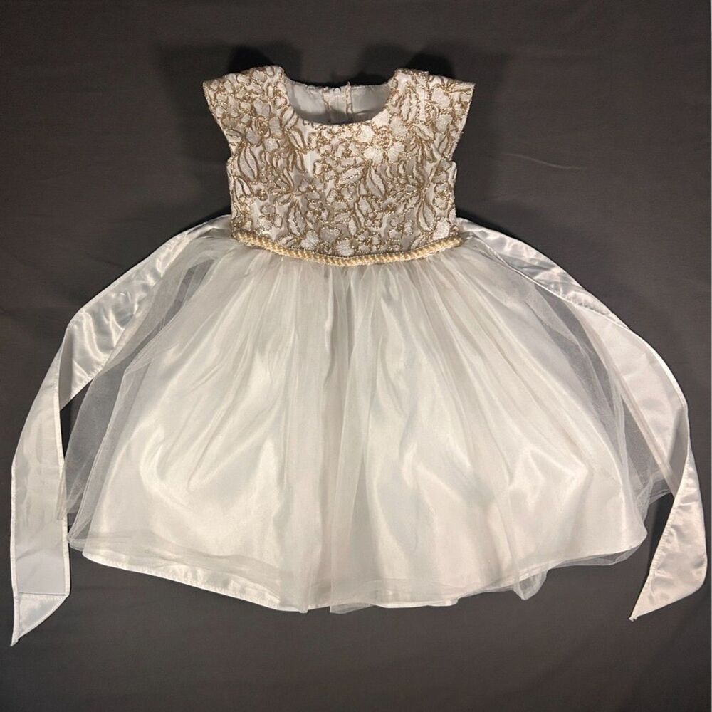 Vtg Sweet Kids Girls Size 4 White Gold Metallic Lace Tulle Flower Girl Dress
